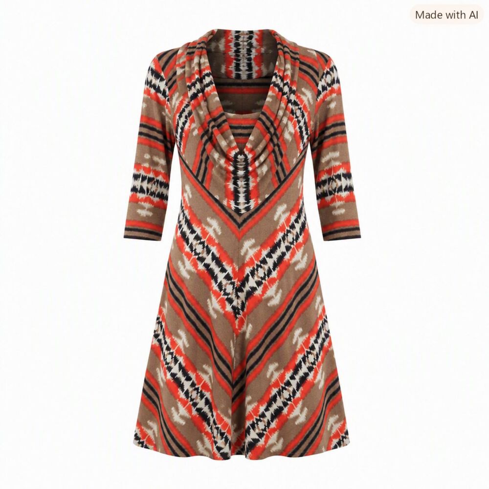 Signature by Robbie Bee Geometric Cowl‑Neck Midi Dress – Tan Orange Black – EUC